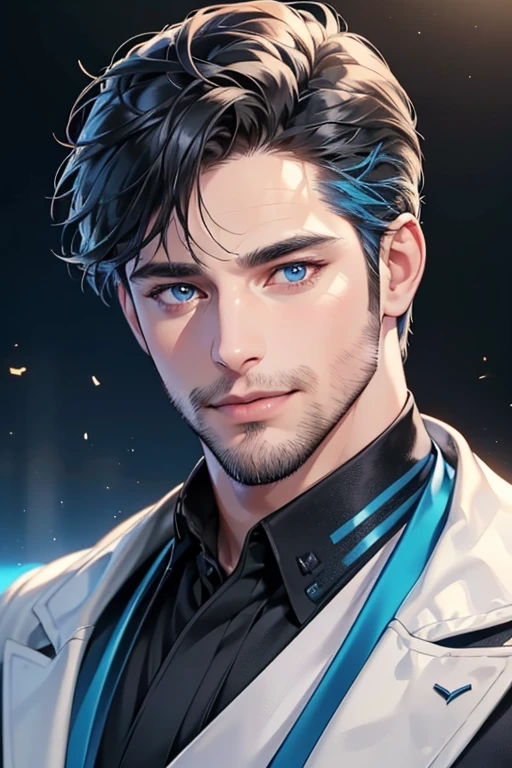 a handsome 35 year old man, 3 day beard, dark hair, sharp jawline, (mesmerizing blue eyes), perfectly styled hair, wearing cool anime outfitt, dynamic lighting, (CEO), (expression, smile in love), (best quality,4k,8k,highres,masterpiece:1.2),ultra-detailed,(realistic,photorealistic,photo-realistic:1.37)