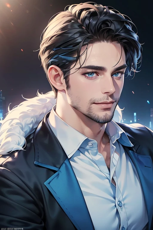 a handsome 35 year old man, 3 day beard, dark hair, sharp jawline, (mesmerizing blue eyes), perfectly styled hair, wearing cool anime outfitt, dynamic lighting, (CEO), (expression, smile in love), (best quality,4k,8k,highres,masterpiece:1.2),ultra-detailed,(realistic,photorealistic,photo-realistic:1.37)