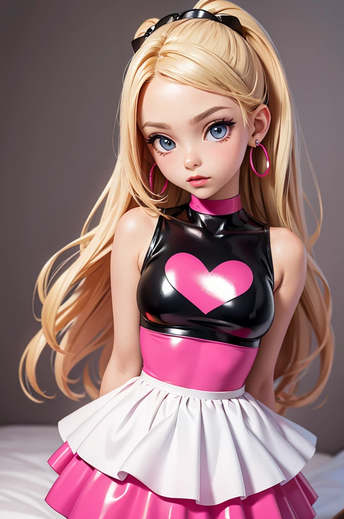 (bedroom) hyperrealistic 14 year old american teen, blonde, perfect tiny body, sexy, dark makeup, choker, perfect slim face, big red lips, very cute face, tiny body, big eyes, young looking, childish looking, big earrings, pink tight latex party dress, standing