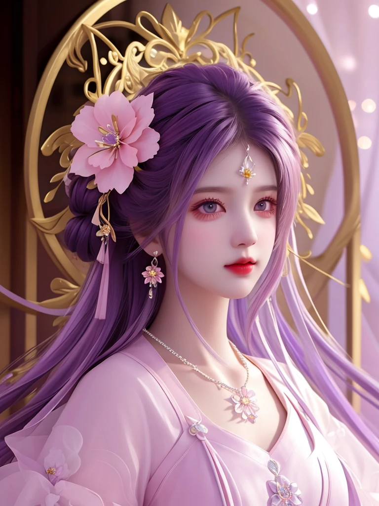 best quality, masterpiece, High target, There is a girl with a basket of flowers on her head, beautiful clothes, Hair Decorationss, necklace, Decorations, Pretty Face, When the body, Tyndall effect, Realistic Portraits, Edge lighting, Two-color light, (Very delicate skin:1.2), 8K uhd, Digital SLR Camera, Soft Light, high quality, Volumetric Lighting, Honest, photo, high resolution, 4K, 8K, Bokeh, black hair,purple hair ends, Pink Eyes.
