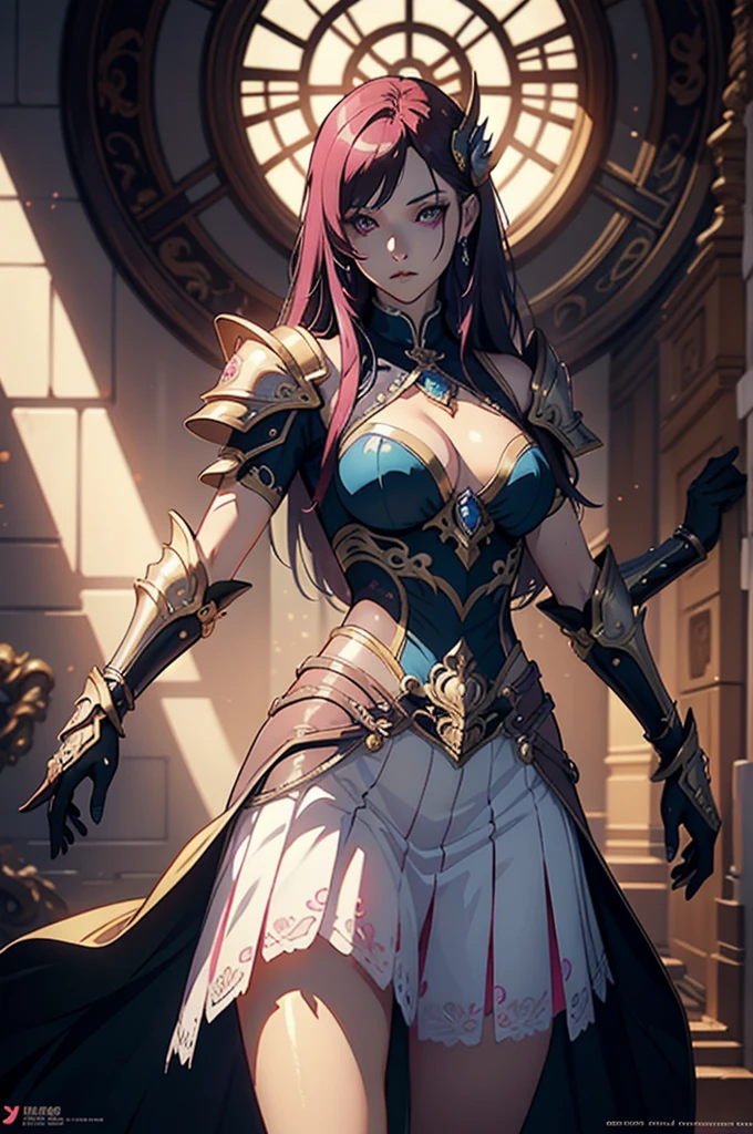 Sexy woman in white gold and pink lotus lace armor skirt, Chengwei Pan at Art Station, Jan J, Detailed fantasy art, Amazing character art, Fan Art Best Art Station, Magnificent and elaborate character art, Beautiful Armor, Highly detailed art gems, Detailed digital anime art, Art Station pixiv's artgerm, Armor Girl, Cleavage Big Tits:1.2, (mini skirt:1,5)