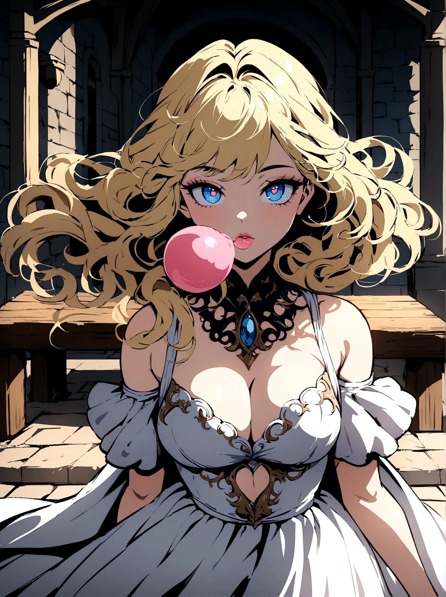 Anime art style, Spoiled brat, blond hair, perfect hair, blue eyes, chic and expensive clothes, magnificent white dress, blowing pink gum, look of superiority, cleavage, daddy's girl park background, stone floor, wooden bench, large trees, hair floating in the wind, upper body view,  majestic make up, majestic face, highres, ultra-detailed, (best quality,4k,highres,masterpiece),subdued colors, vivid colors, professional lighting, detailed lips, detailed eyes.