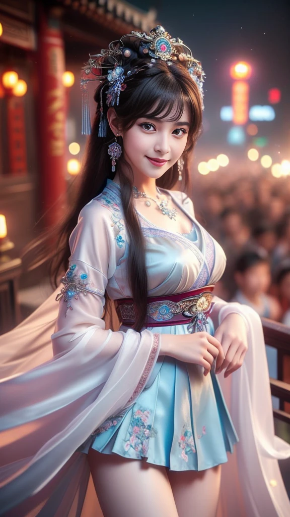 8K, masterpiece, RAW photos, best quality, Reality, extremely detailed CG unity 8K wallpaper, Depth of Field, light, lens flare, Ray Tracing, (Extremely beautiful face, Beautiful lips, beautiful eyes), Complex facial details, ((Ultra-delicate skin)) , Beautiful Asian girl, ((Looking at the audience)),(big Smile), (Blurred background), midnight, (pretty girl), earrings, bracelet, necklace, Clear eyes, (Pale skin), Facing forward, (big eyes), (Looking at the audience), Large Breasts ,((Smile)), blue eyes, Shiny Dress, Open your heart, balcony, Very slim, (Medium buttocks), Open your heart Ancient Chinese architecture，Chinese style beauty，Wear revealing Hanfu，Simple clothes， Simple style，Chinese and American mixed race，Background blur，focus，light， Seven Figures，(((tmasterpiece))), ((Best quality)), ((Complex and meticulous)), ((Surrealism)), Ridiculous resolution, , Mature woman, transparent, Very detailed, Implications, 1 Girl, (Medium breasts), Thin waist and thick hips，Long Law，Beautiful and delicate eyes, Short and delicate hair, Dark brown hair, Purple Eyes, black，lacy clothing，Hip-covering skirt，Tights，Vaguely visible，Cool clothes，Perfect body proportions，（No underwear），Detailed background, Perfect eyes,，Looking at the audience，From the front，Wear lightly，Juicy legs，Deep V，