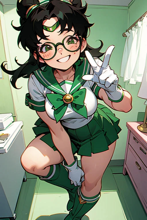 A chubby girl with black hair, freckles and glasses dressed as Sailor Jupiter, wearing white gloves and green boots, smiling gently in her room.