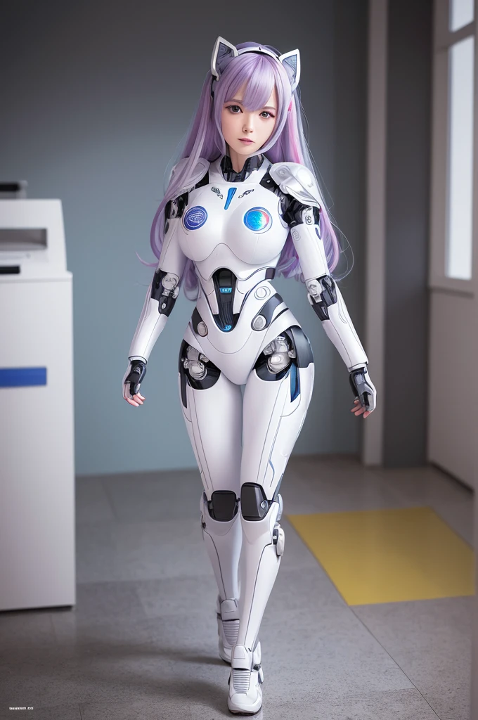 full body shot, High angle, focus on background, laboratory, manga, masterpiece, best quality, ultra-detailed, extremely detailed, 4K, 8K, best quality, beautiful, watercolor, a woman, solo, robot suit, robot, beautiful rainbow hair, beautiful white eyes, beautiful eyes, long hair, mesh, lip, cool