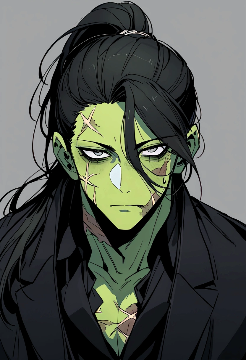 naughty man,zombie with scars on his face,with white eyes and long black hair with dark circles under his eyes and a beautiful appearance in addition to wearing a dark suit,he appears to be cold but with a good personality, he has a striking look, he has moss green skin and has hair with bangs and a messy ponytail. 