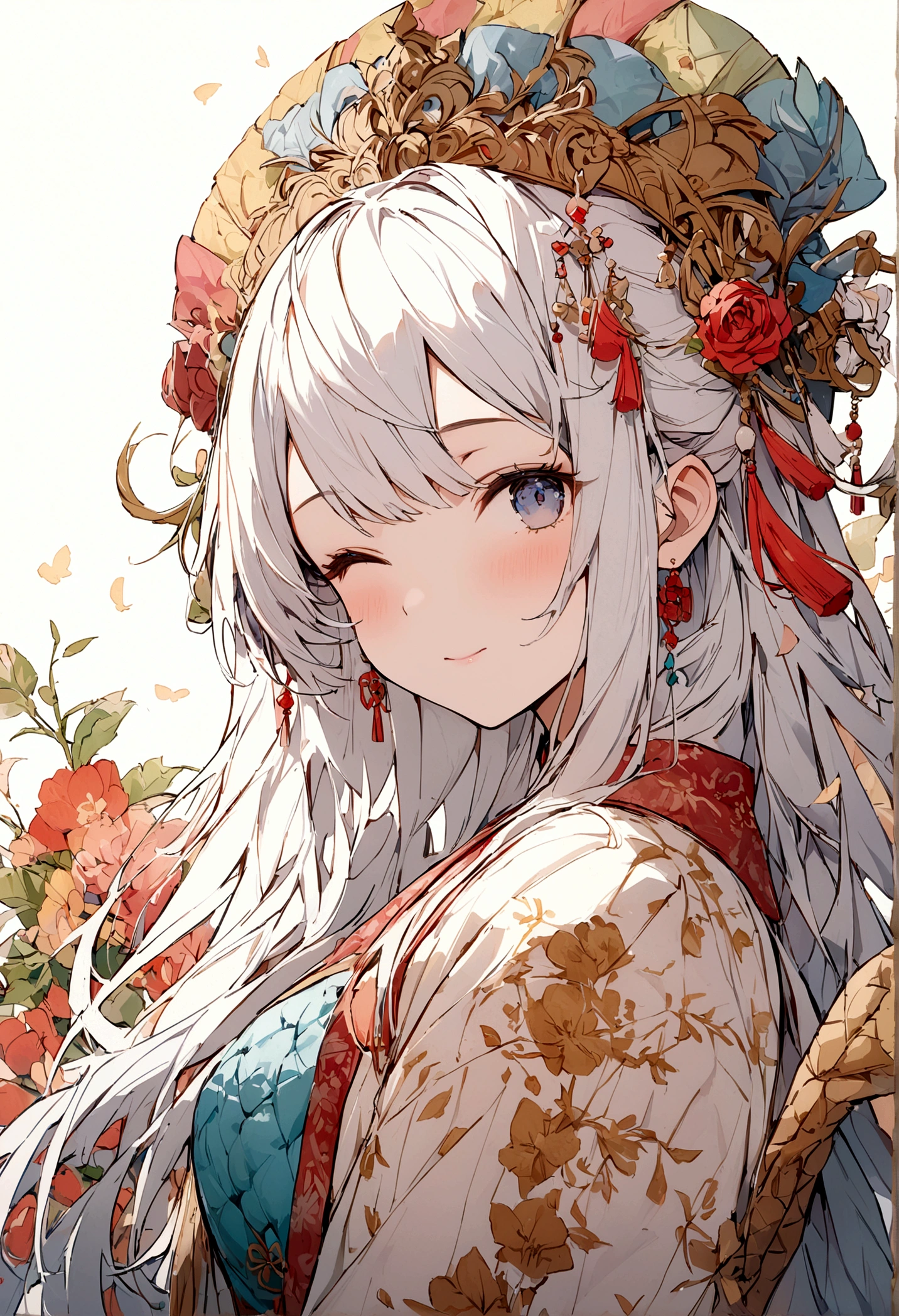 (White background:1.4),(Silhouette of a girl's head, Eyes closed, Colorful long hair, Oriental elements),(Chinese Illustration:1.3,paper art:1.3, Quilted Paper Art:1.2),( Reasonable design, Clear lines, High Sharpness,Best Quality, Very detailed, masutepiece, Movie Light Effects, 4K )