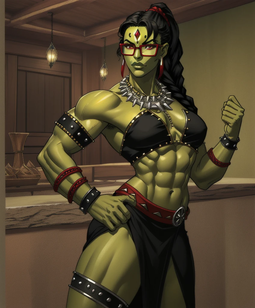 woman, shewoworc, olive green skin, (perfect face), defined jawline, beautiful dark green lips, (beautiful bright red eyes), (long black braided ponytail:1.2), (glasses), (green skin), (perfect anatomy), (athletic body), (sexy), exposed midriff, abs, (white tribal face paint;1.2), (intricate silver arm bracers studded with gems), (intricate ancient tribal bone necklace), (standing, hand on waist, flexing biceps), (looking at viewer), (medium shot photograph), (medieval fantasy tavern interior background:1.2), realistic