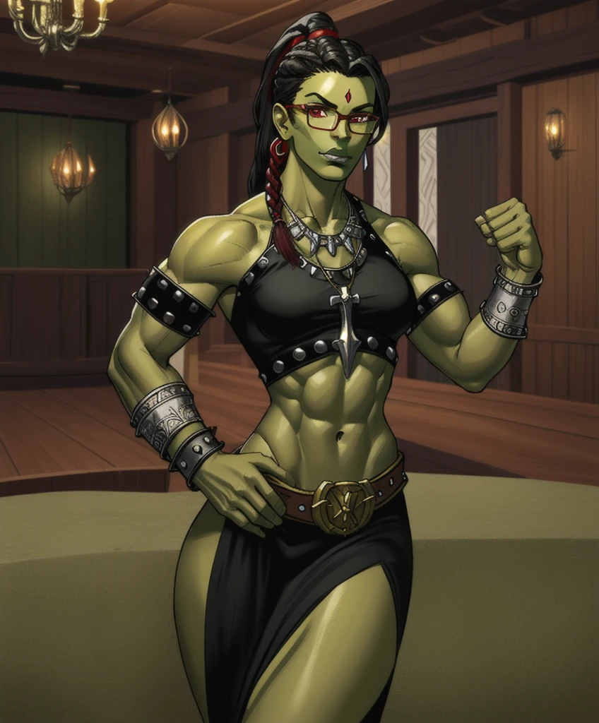 woman, shewoworc, olive green skin, (perfect face), defined jawline, beautiful dark green lips, (beautiful bright red eyes), (long black braided ponytail:1.2), (glasses), (green skin), (perfect anatomy), (athletic body), (sexy), exposed midriff, abs, (white tribal face paint;1.2), (intricate silver arm bracers studded with gems), (intricate ancient tribal bone necklace), (standing, hand on waist, flexing biceps), (looking at viewer), (medium shot photograph), (medieval fantasy tavern interior background:1.2), realistic