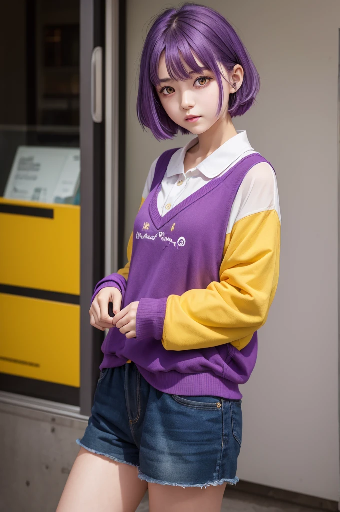 A girl with purple hair, yellow and purple eye, short clothes