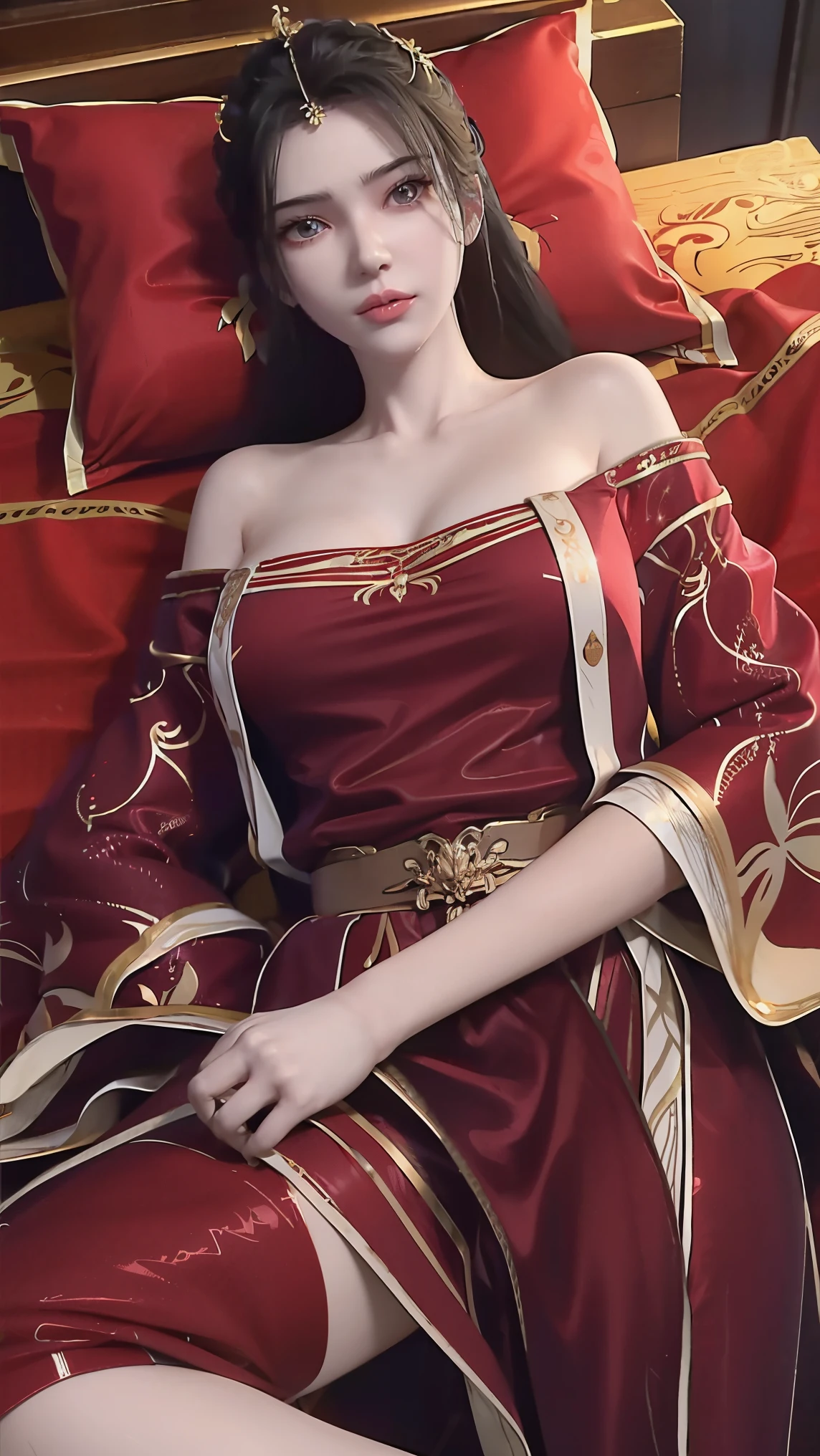 一个女孩Lying in bed,Dressed in suspender pajamas,Face up,Raise your legs slightly,Front view super detailed beautiful big breasted girl . Ultra HD, 4K, 8K, Movie,whole body,Lying down,Long legs,Very big breasts,whole body捕捉,(((Lying in bed))),(((whole bodyLying in bed))),big bed,Off-shoulder,Shoulder-length skirt,Lying in bed,Sleeping on the pillow,Lying down,Headrest pillows,(((平Lying in bed))),whole body平Lying in bed