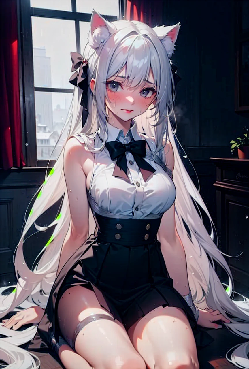 1girl, winter clothes, long pants, winter coat, scarf, snowflake hair ornament, grey eyes, red lip,((kneeling, arms behind back, bound arm, bound wrists, bound legs, wrists behind waist, rope bondage, shibari over clothes)),(masterpiece:1.2), best quality, masterpiece, highres, original, extremely detailed wallpaper, perfect lighting,(extremely detailed CG:1.2) , (sweatdrop, winter, plum blossoms, snowing, snow, wind, outdoor, sad, nature, ),from above, looking down, steam from mouth,