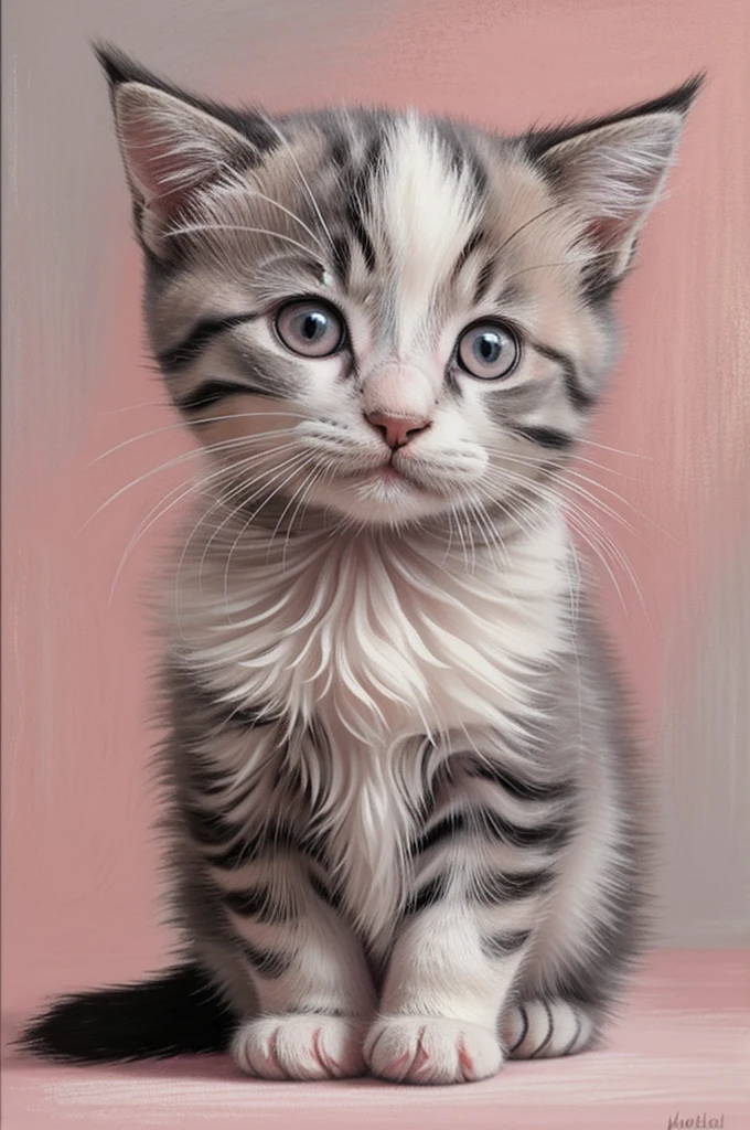 Create a painting of a kitten, in pink and gray colors. pastel colours