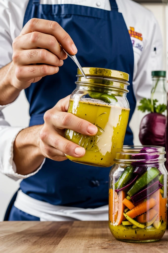 A chef holding a jar of pickle with vegetables such as onion, beet, cabbage, jalapeno pepper, carrot, white vinegar and that there is no label on the bottle