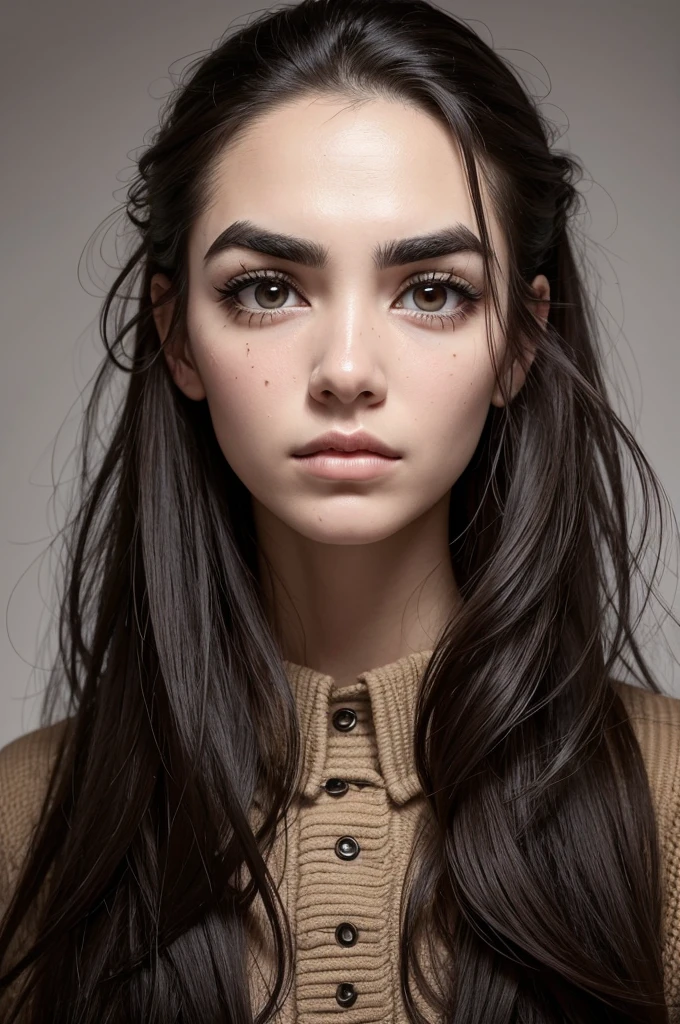 Woman, hairy eyebrows, scared, com a mão no muka, impactful image, muka, very hairy eyebrows