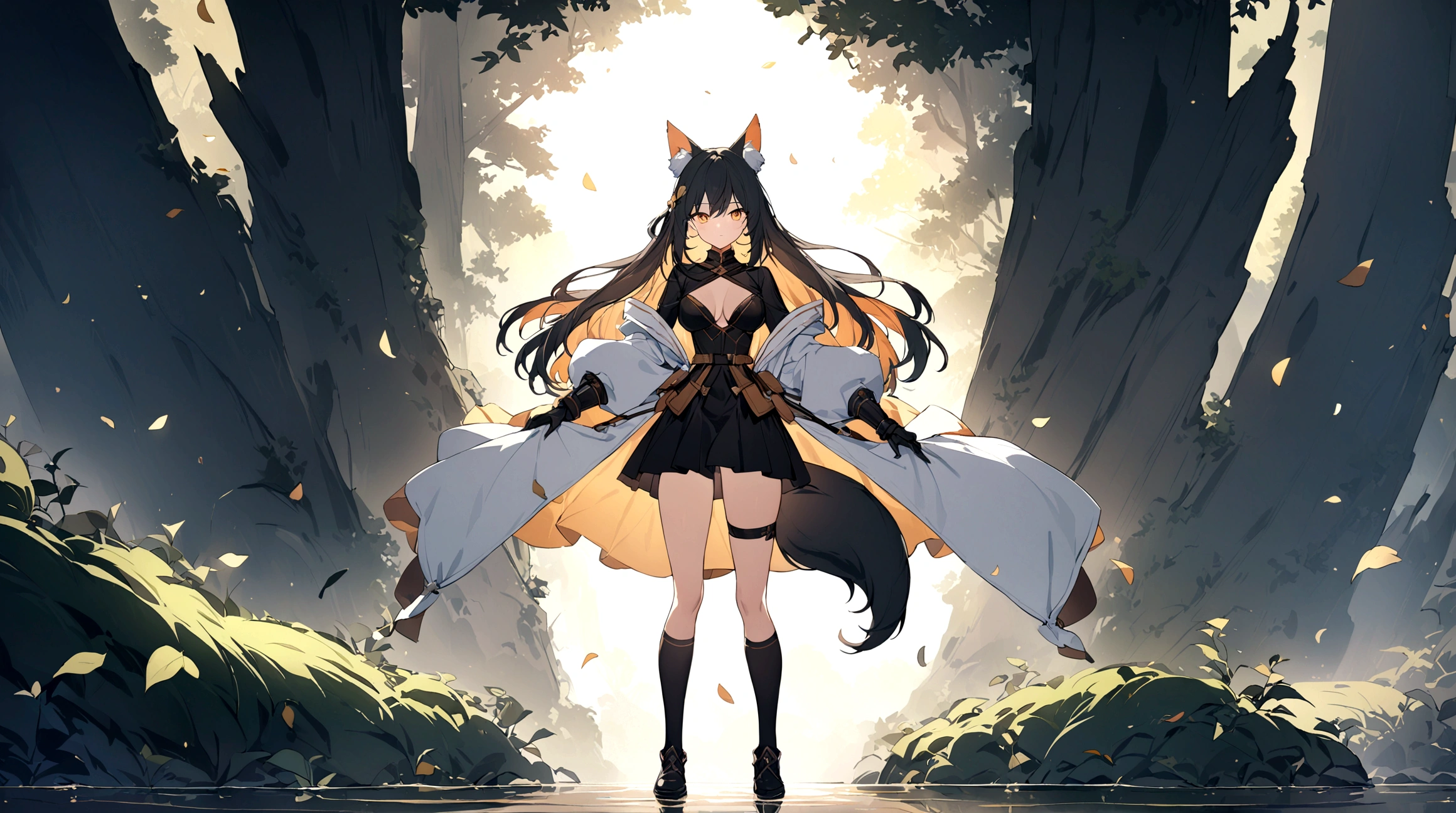 (1girl, Masterpiece, best quality) (detailed and beautiful eyes:1.6) (perfect hands, perfect anatomy) ((full body)) ((more Adult body)) fox-girl Misaki has (**short** black hair styled in a slightly tousled manner and her fox ears are perked up attentively.) ((She wears a black, adventurer leather armor, coat)) Her outfit includes a leather straps, emphasizing a combination of practicality) and elegance. She has a one black, big **fluffy** fox tail. She has a black long over-to-knee socks. Misaki's orange eyes exude a sense of mystery and confidence. Light filtering through the leaves create a serene yet enigmatic atmosphere. Her standing positon showcases her strength, adultness and readiness for battle. Seed: 3314331