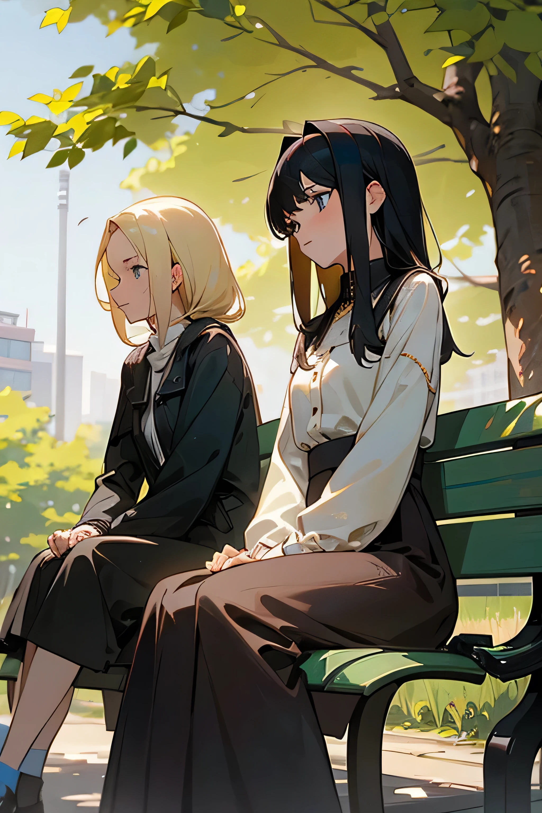 **Scene 1:**
- The blonde woman is sitting on the bench, standing backwards para nós
- A garota de cabelos pretos está standing, standing backwards, in the background - The blonde woman looks at the girl with black hair, as if they were sharing a conversation
**Scene 2:**
- Now, the camera is behind the blonde woman - We see the black-haired girl from the front, standing, looking at the blonde woman who is sitting on the bench engaged in her conversation in the tree-lined square, in the best anime style, two women talking