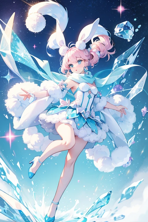 Crystal Bunny is a white, fuzzy girl rabbit with glittering pale pink hair in the same hairstyle as Crystal Queen's. She wears a pale blue scarf and pale blue heels with pom-poms. SPARKLE; GLITTER