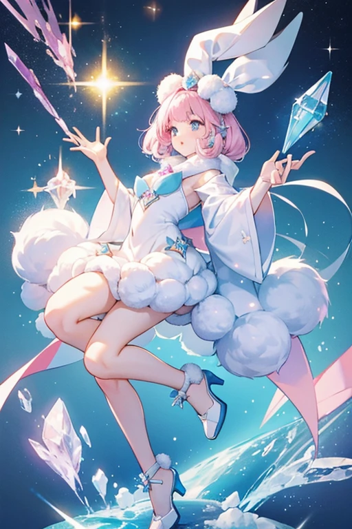 Crystal Bunny is a white, fuzzy  girl rabbit with glittering pale pink hair in the same hairstyle as Crystal Queen's. She wears a pale blue scarf and pale blue heels with pom-poms. SPARKLE; GLITTER
