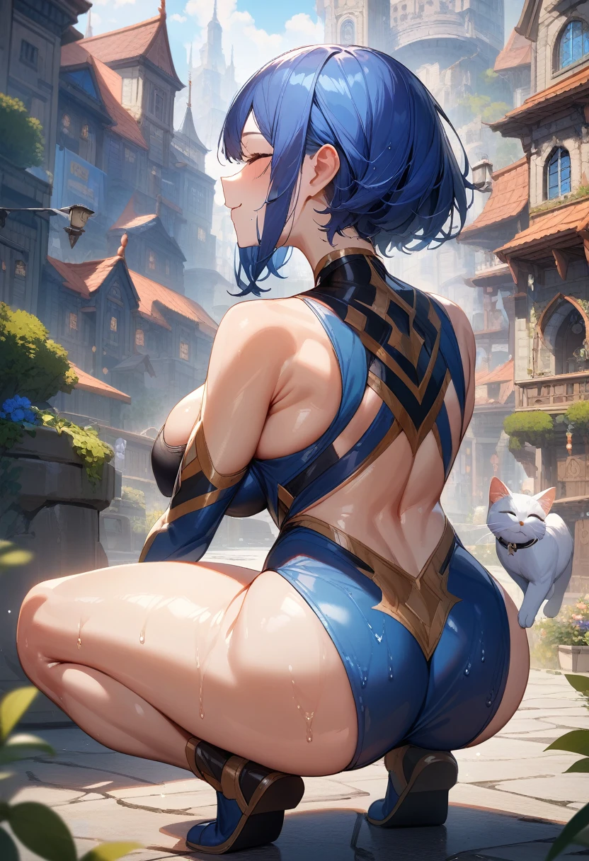 1girl,solo,super detailed skin,shiny skin,wet oily skin,angelic smile,close eyes ,eyelashes,blue hair,short hair,sidelocks,large breasts ,butt,unique and complex clothes,back shot,looking a cat,squatting,fantasy city,masterpiece,best quality,ultra detailed,high resolution,sharp focus,depth of field