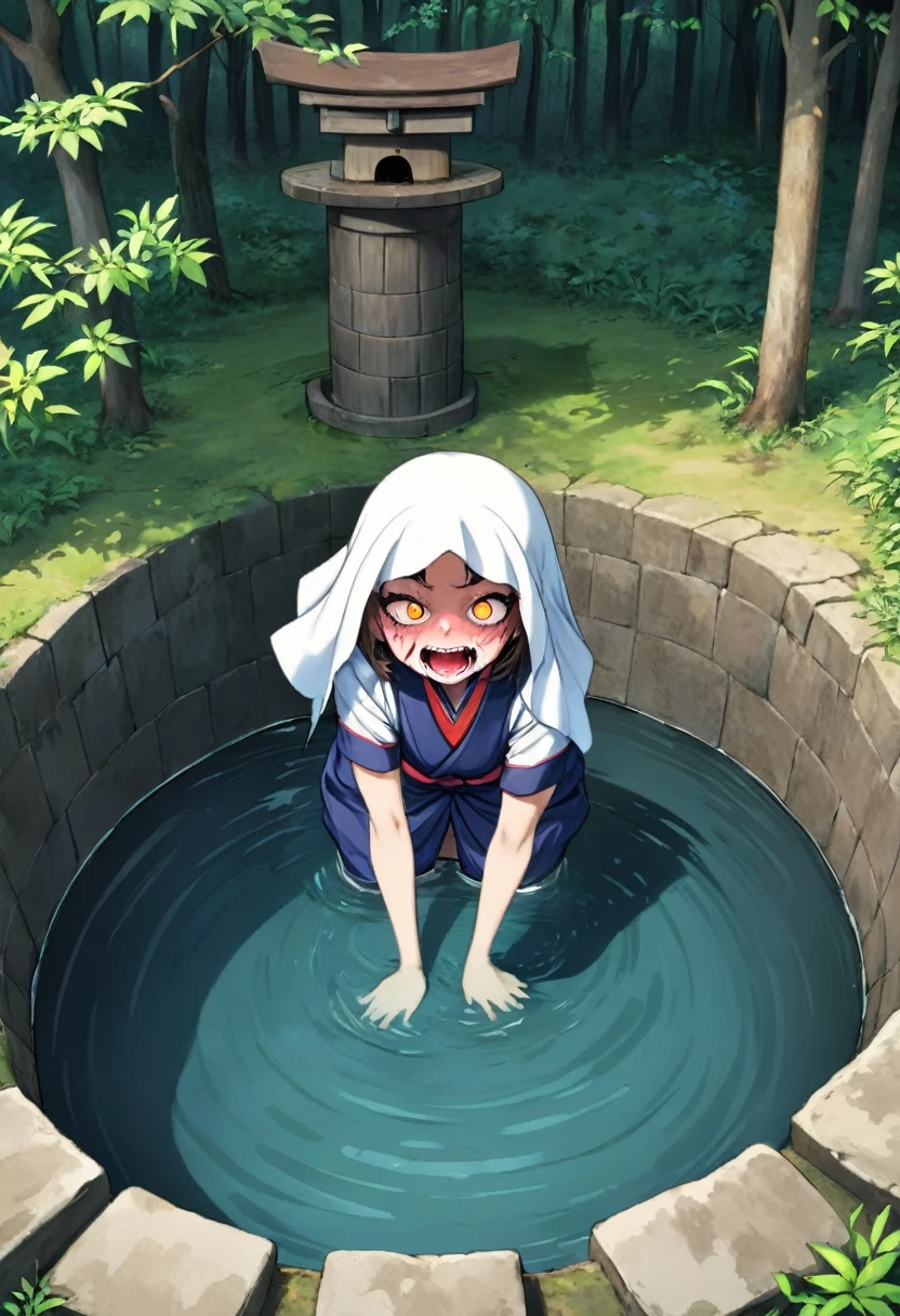 A girl with a scary face wearing Japanese clothes is sticking her head out of a deep well. Well in the forest、old well