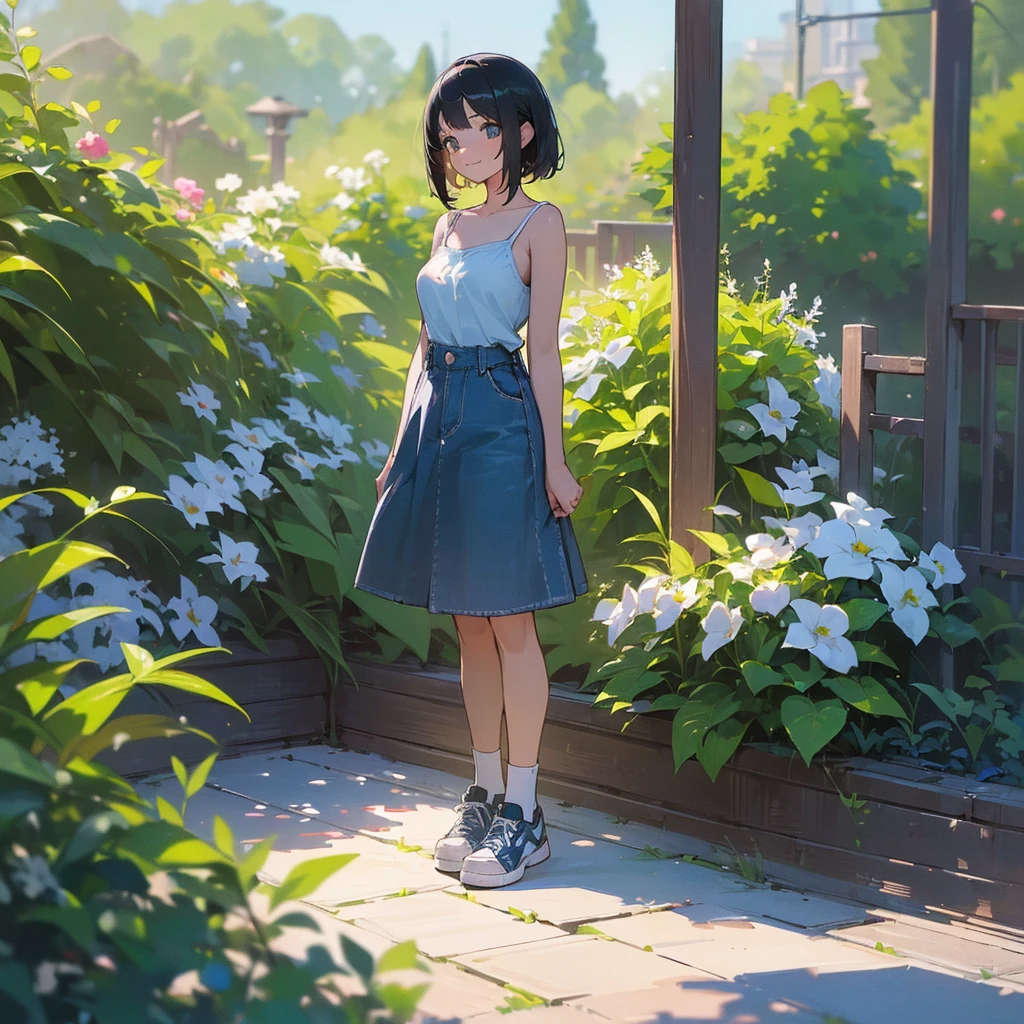 (high quality, High resolution, Very detailed, reality:1.37), Peaceful atmosphere, (Outdoor, garden), Teenage girl standing alone, (my breasts are big.), Beautiful details, Cute Smile, (Black bob hair), camisole, Denim skirt, Blue socks, sneakers.