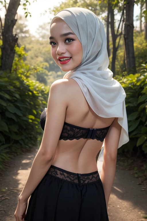 G-STRING & THONG, (Happy smile), (((HIJAB MALAY GIRL))), masutepiece, High quality, UHD 32K, Realistic face, Realistic skin feeling , A Japanese Lady, , , Very cute and baby-like face, (((FLAT CHEST))), (Night time at forest), ((look In front  at the camera and SADNESS)), ((())), (((CUTE GIRL))), ((RED LIPS)), ((Floral Pattern)) little wearing strapless bra, strapless colorful bra, dark night horror scary place (from behind up) seductive pose