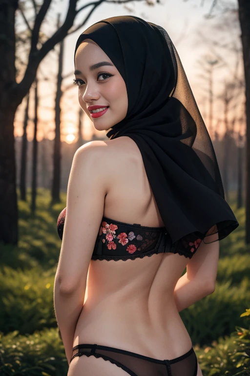 G-STRING & THONG, (Happy smile), (((HIJAB MALAY GIRL))), masutepiece, High quality, UHD 32K, Realistic face, Realistic skin feeling , A Japanese Lady, , , Very cute and baby-like face, (((FLAT CHEST))), (Night time at forest), ((look In front  at the camera and SADNESS)), ((())), (((CUTE GIRL))), ((RED LIPS)), ((Floral Pattern)) little wearing strapless bra, strapless colorful bra, dark night horror scary place (from behind up) seductive pose
