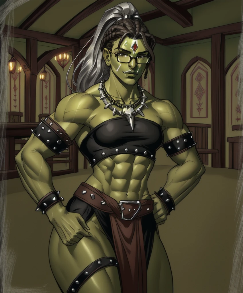 woman, shewoworc, olive green skin, (perfect face), defined jawline, beautiful dark green lips, (beautiful bright brown eyes), (long black braided ponytail:1.2), (glasses), (green skin), (perfect anatomy), (athletic body), (sexy), exposed midriff, abs, (white tribal face paint;1.2), (intricate silver arm bracers studded with gems), (intricate ancient tribal bone necklace), (standing, hand on waist, flexing biceps), (looking at viewer), (medium shot photograph), (medieval fantasy tavern interior background:1.2), realistic