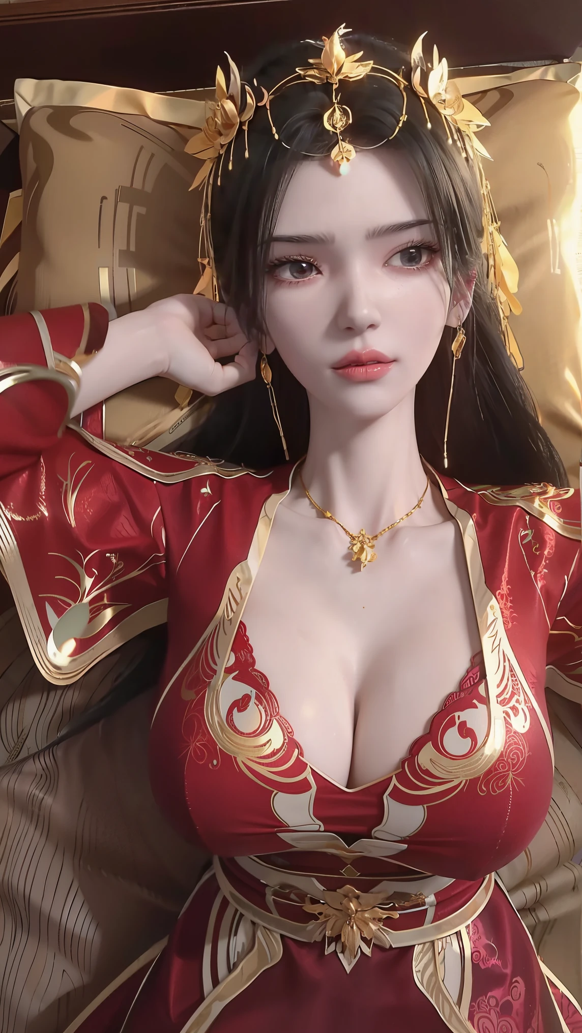 一个女孩Lying in bed，Face up，Raise your legs slightly，Front view super detailed beautiful big breasted girl ************. Ultra HD, 4K, 8K, Movie，whole body，Lying down，Long legs，Very big breasts，whole body捕捉，（（（Lying in bed））），（（（whole bodyLying in bed））），big bed，Lying in bed，Sleeping on the pillow，Lying down，Headrest pillows