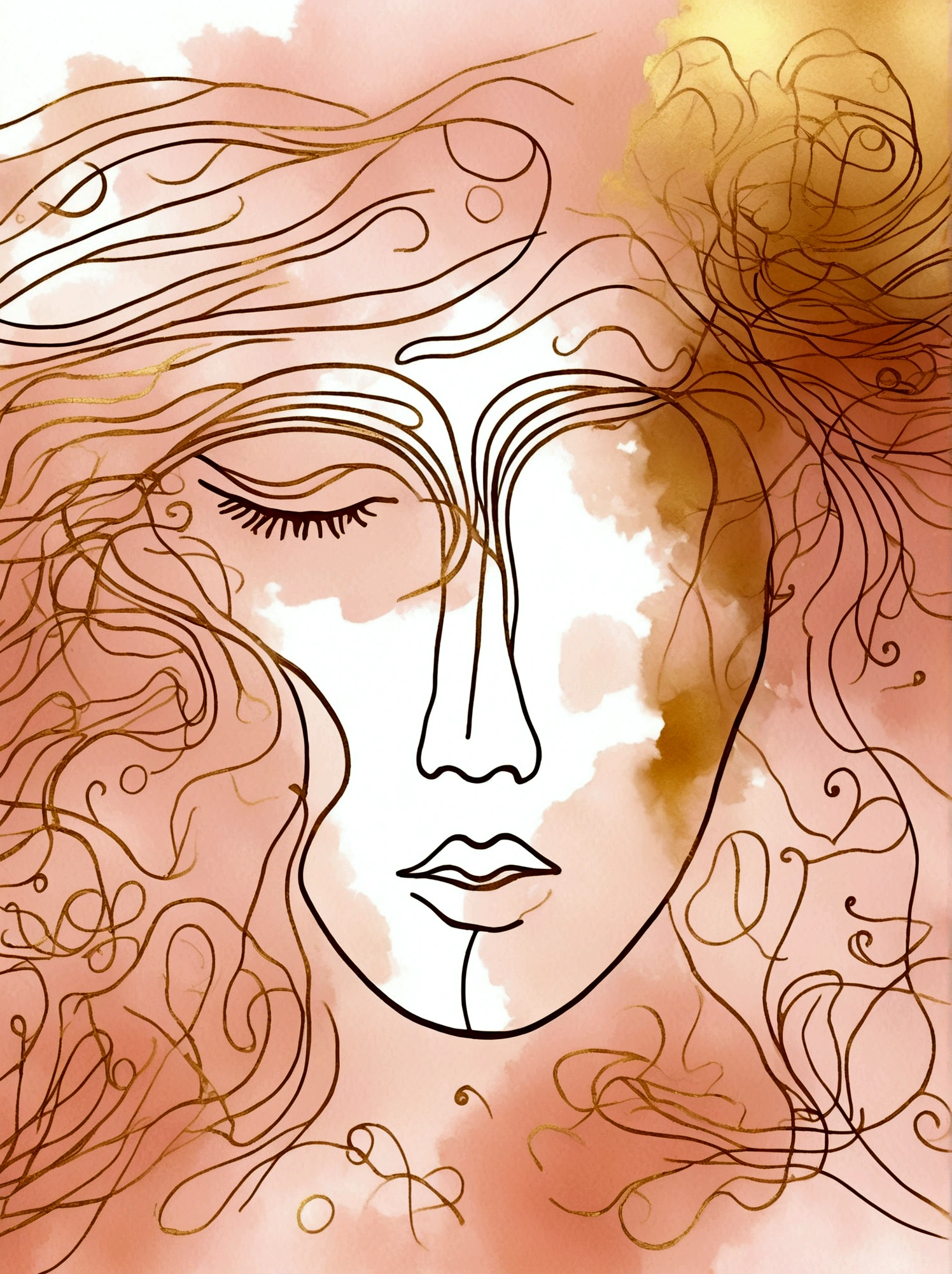 A line art illustration of a person's face in bronze and gold colors. Surrounding the face are a couple of hand-drawn lines, wisps and tendrils in a bronze color. The watercolor background should have soft pink, peach and cream colors.