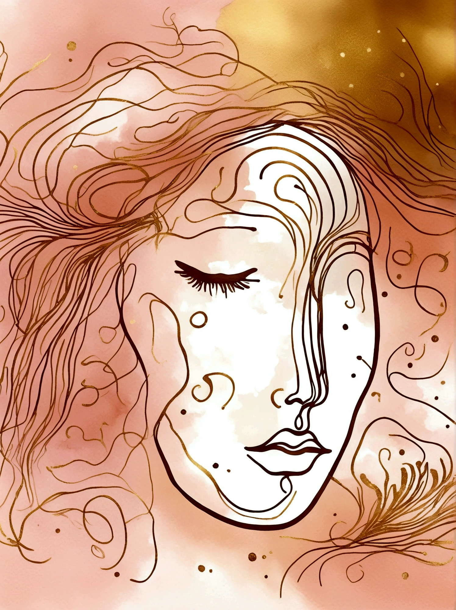 A line art illustration of a person's face in bronze and gold colors. Surrounding the face are a couple of hand-drawn lines, wisps and tendrils in a bronze color. The watercolor background should have soft pink, peach and cream colors.