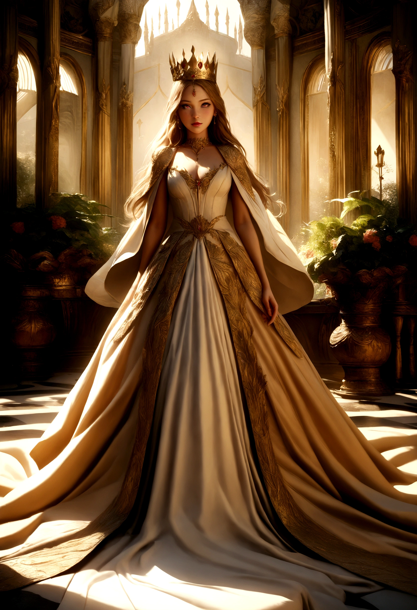 A beautiful, regal queen in a breathtaking fantasy landscape, ornate crown, flowing gown, elegant posture, piercing eyes, serene expression, intricate jewelry, lush gardens, ornate palace, dramatic lighting, cinematic atmosphere, masterpiece, hyperrealistic, 8K, photo-realistic, chiaroscuro, warm color palette, dramatic shadows, intricate details, elegant and sophisticated