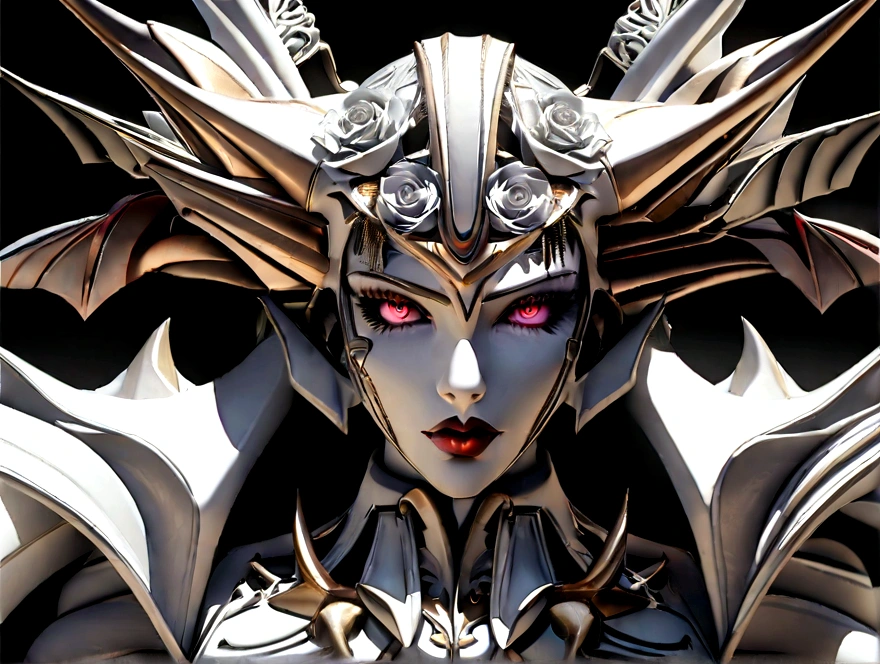 Create a 3D masterpiece of a vampire wearing white armor adorned with high-quality, detailed roses. The work must be of the best possible quality, with an emphasis on extreme detail and a complex composition. Use a color palette that includes the deep reds of the roses to contrast with the white armor. Make sure the composition exudes elegance and a sense of otherworldly beauty, with complex textures and lighting. Get inspired by artists like H.R. giger, ZBrushCentral e Vitaly Bulgarov