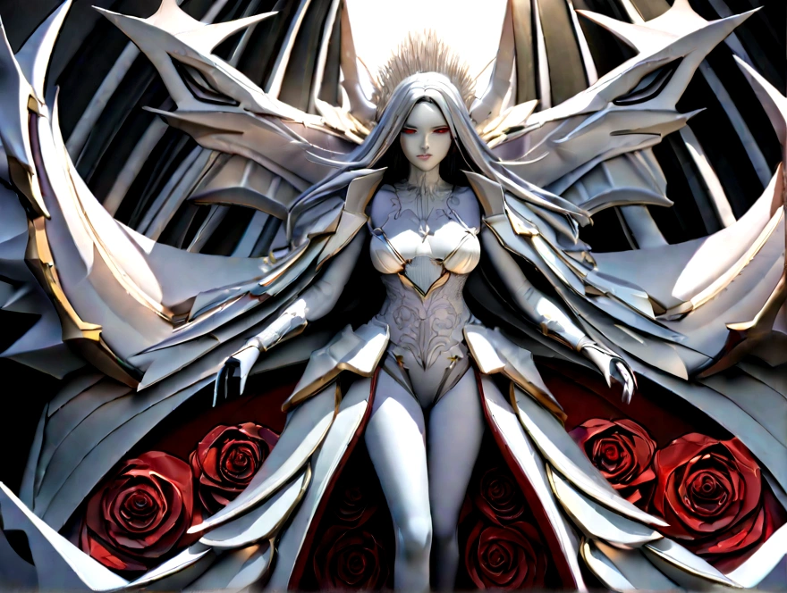 Create a 3D masterpiece of a vampire wearing white armor adorned with high-quality, detailed roses. The work must be of the best possible quality, with an emphasis on extreme detail and a complex composition. Use a color palette that includes the deep reds of the roses to contrast with the white armor. Make sure the composition exudes elegance and a sense of otherworldly beauty, with complex textures and lighting. Get inspired by artists like H.R. giger, ZBrushCentral e Vitaly Bulgarov