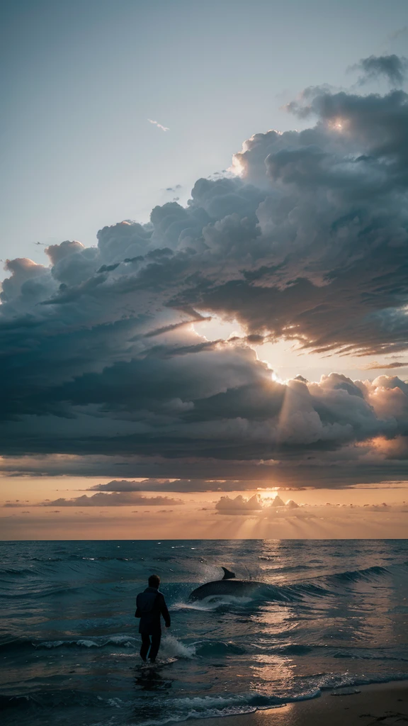 Two whales are swimming in the clouds, dusk, below there is a beautiful beach, a couple is walking and enjoying the view, realistic 8k