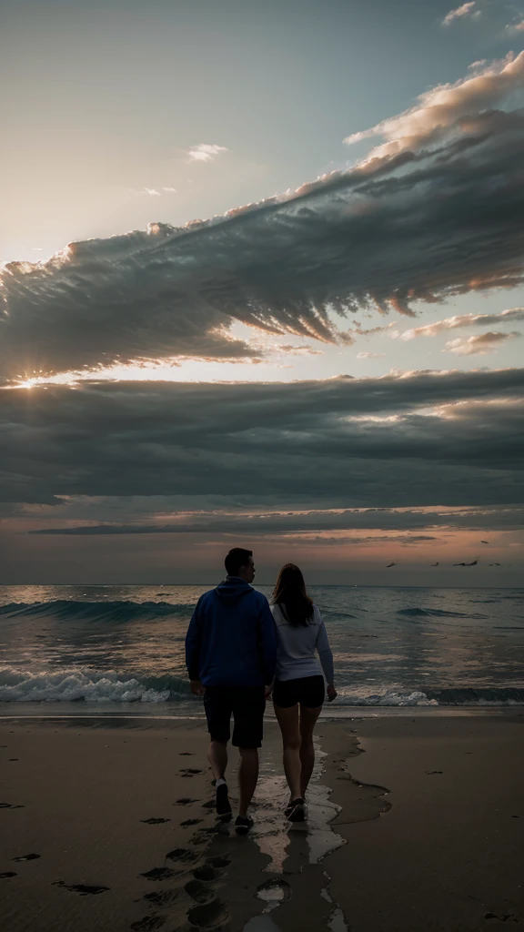 Two whales are swimming in the clouds, dusk, below there is a beautiful beach, a couple is walking and enjoying the view, realistic 8k