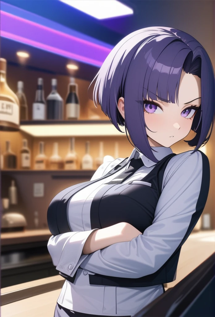 Adult Female, Black purple hair, slanted bob haircut, phlegmatic, stoic expression, perfect purple eyes, cyberpunk bar, bartender, bartender uniform, highly detailed, high quality, perfect quality, 8k, best details, crossed arms, leaning back on bar