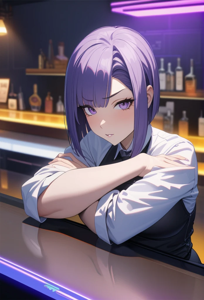 Adult Female, Black purple hair, slanted bob haircut, phlegmatic, stoic expression, perfect purple eyes, cyberpunk bar, bartender, bartender uniform, highly detailed, high quality, perfect quality, 8k, best details, crossed arms, leaning back on bar