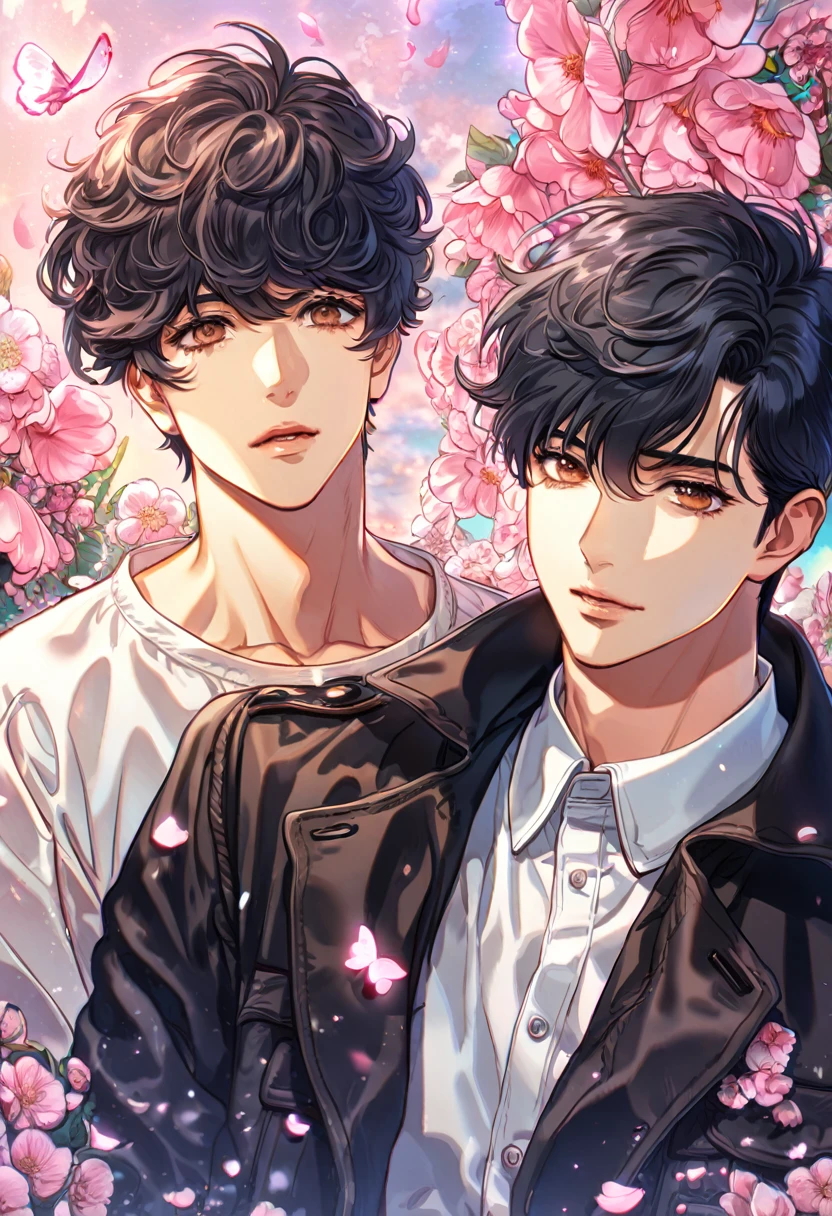 absurdres, highres, ultra detailed, HDR, master piece, best quality, Okumura Eiji, black hair, expressive brown eyes, banana fish, sexy man, handsome, black coat, white shirt, fantasy, shining, pink flowers, pink blossoms, pink butterflies, pink petals