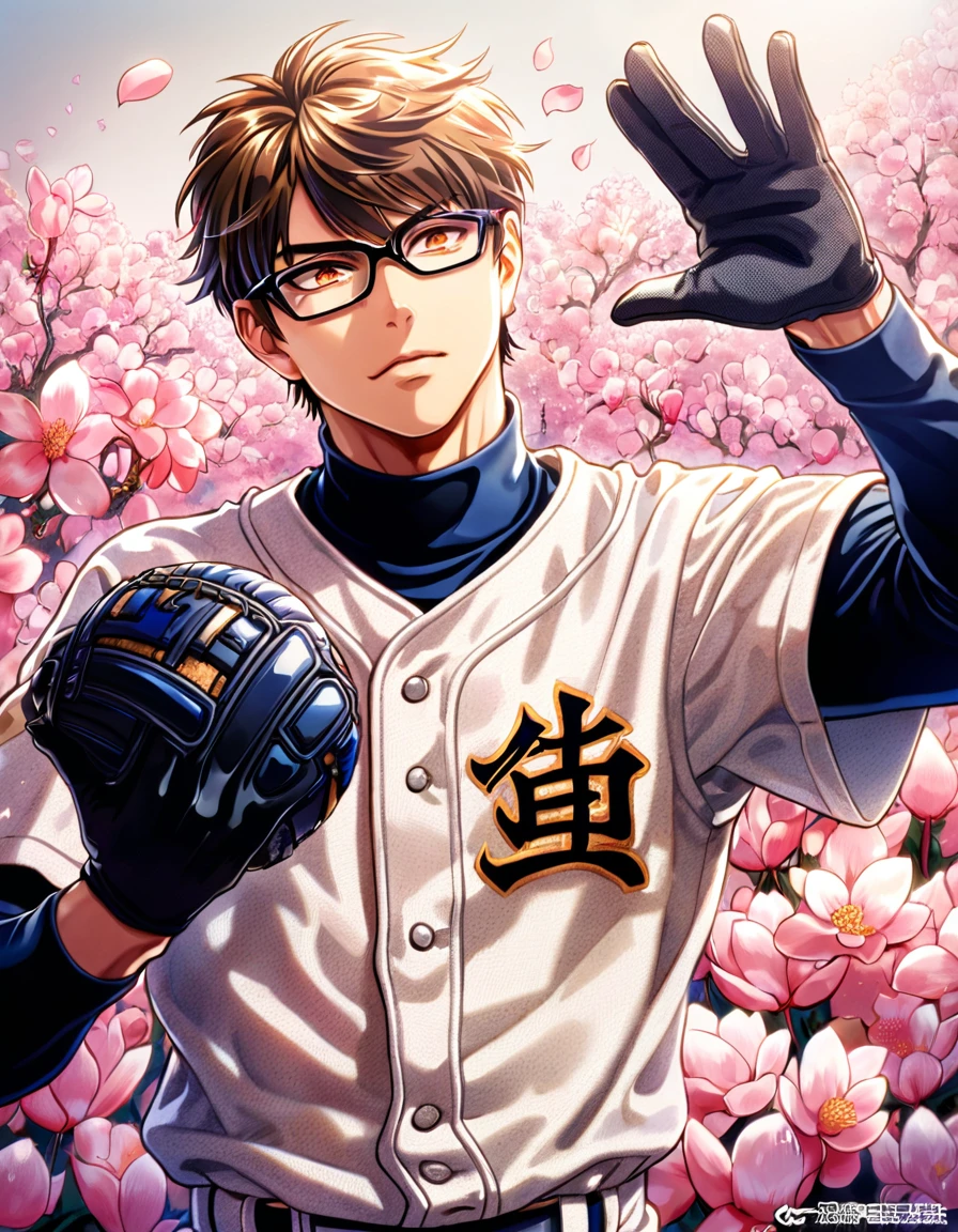 absurdres, highres, ultra detailed, HDR, master piece, Miyuki Kazuya, brown hair, expressive amber eyes, black glasses, white beisbol uniform, black gloves, Diamond No Ace, sexy man, handsome, best quality, blossoms, pink petals, pink flowers, fantasy, magical, solo, 