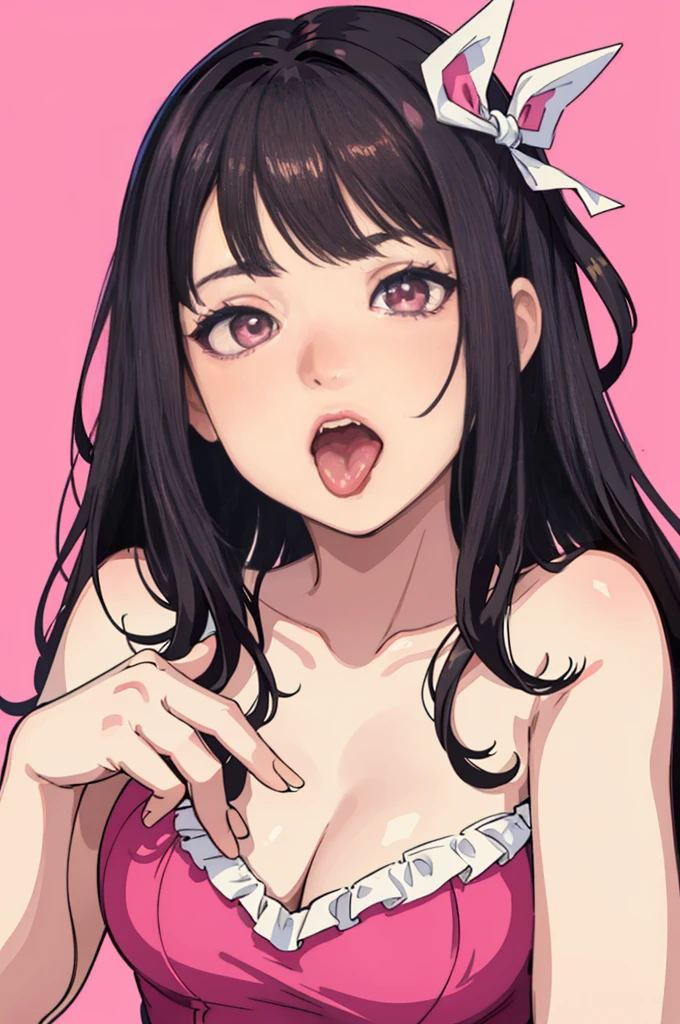 close up head and middle body photo, extremely detailed wide open mouth, a 21 year old girl licking her own hand fingers with a lot of saliva, saliva drooling, tongue out, you can see her tonsils and uvula, ahegao face, squinting eyes, her fingers touching her hand, brunette, coquette bow in hair, totally nude, low angle, from below, vibrant pink color background