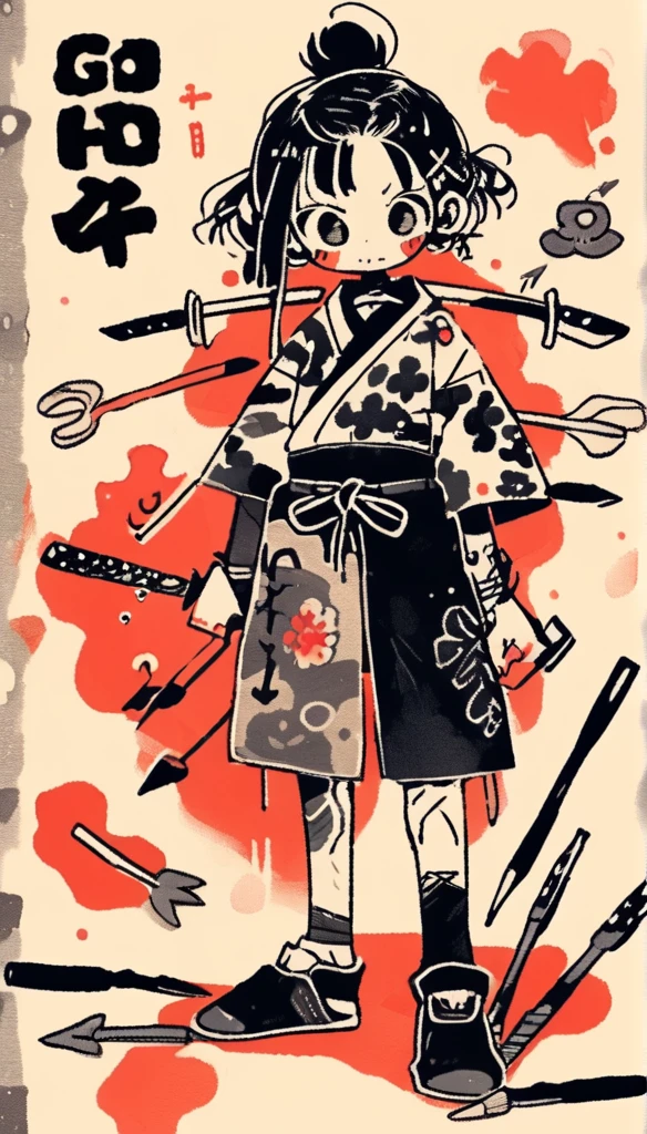 japanese line art    , a samurai( tied up  to a wooden steak with several arrows stuck in him,:1.2) lower body missing visible skeletal structure , ripped rags, rope and bloody ground, black skies and large moon , floral damask background ,  in the style of  takato yamamoto    , 