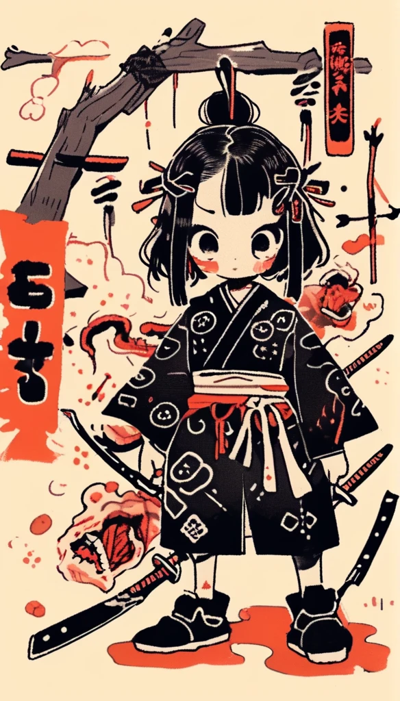 japanese line art , a samurai( tied up to a wooden steak with several arrows stuck in him,:1.2) lower body missing visible skeletal structure , ripped rags, rope and bloody ground, black skies and large moon , floral damask background , in the style of takato yamamoto ,