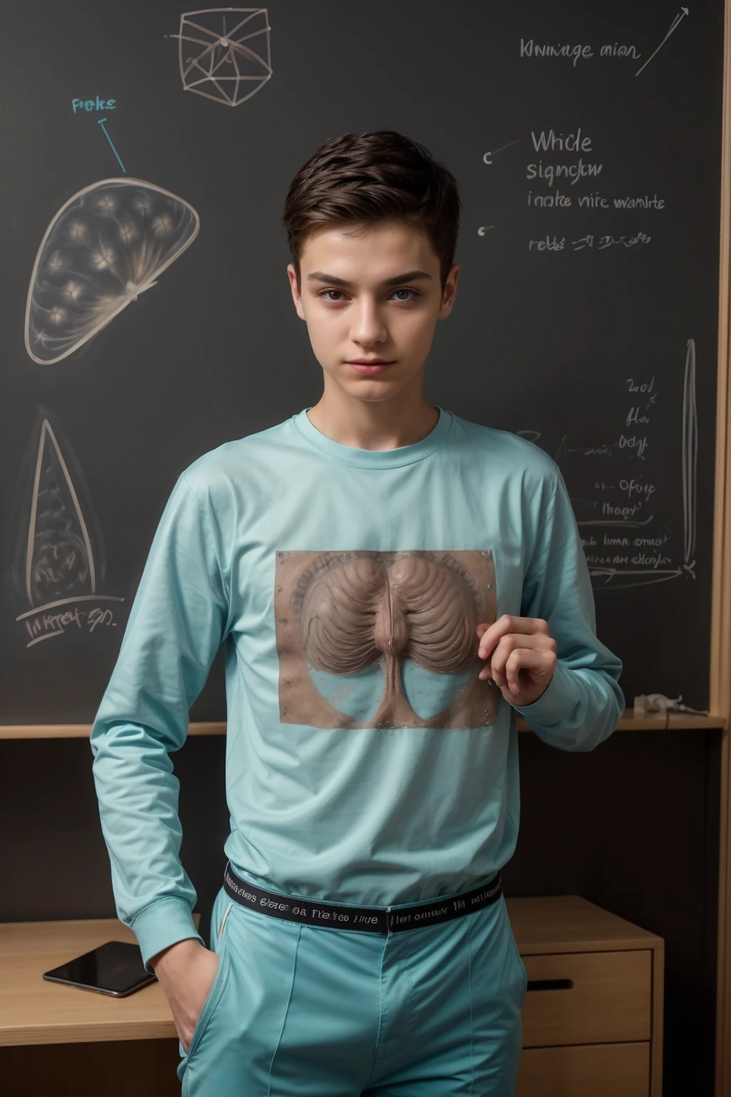 A beautiful young man, a cute male twink, with black hair, a face with reddish make-up, wearing a bright white long-sleeved shirt and aqua blue pants. He is in his office, and behind him is a blackboard on which is written the shape of the brain and its anatomy, and nuclear energy comes out of it.