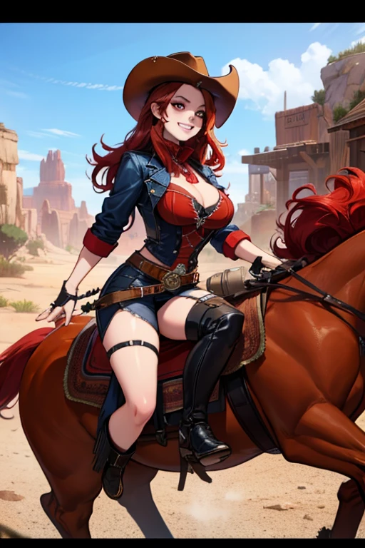 a red haired woman with red eyes with an hourglass figure in a conservative cowgirl outfit is riding a horse through a wild west town with a big smile