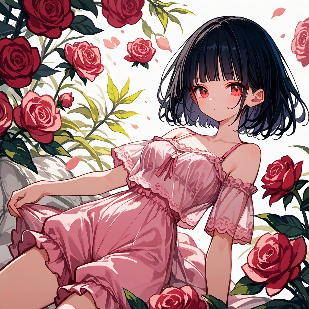 score_9,score_8_up,score_7_up,score_6_up,score_5_up,score_4_up, source_anime,1girl,solo,blunt-bangs,19 years old,short hair,large_breasts,black hair,red eyes, white_lace-trimmed_pink_bra,pink_rose_pattern_see-through_camisole,pink_rose-pattern_bloomers,