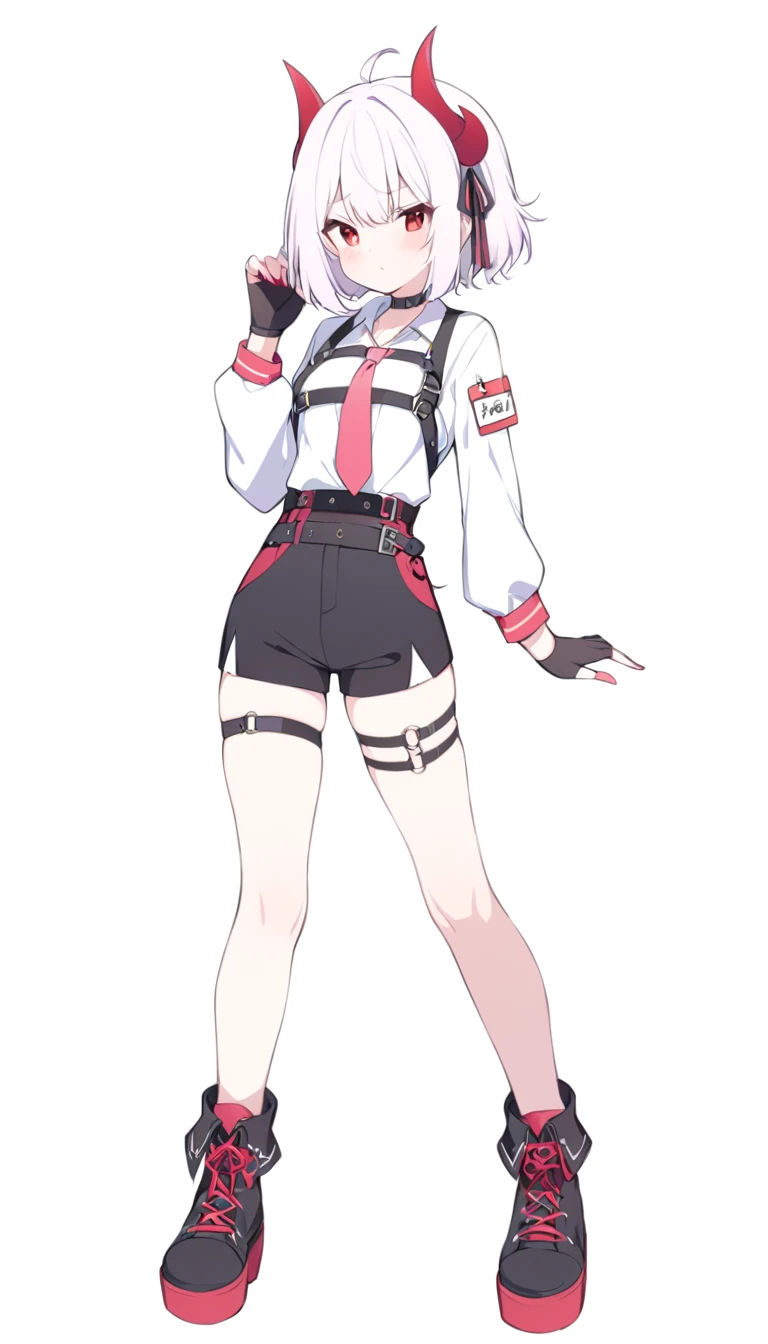 Teenage girl, devil girl, small red horns, white hair, short fluffy hair, big red eyes, pale skin, blushing cheeks,red cheeks, brown eyes, hair ornament, white shirt, long sleeves, pink tie, black choker, harness, name tag, multiple belts, high waist shorts, black shorts, thigh strap, fingerless glove, simple glove, full body, alone
