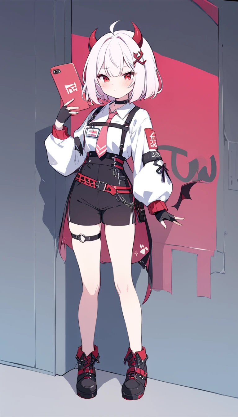 Teenage girl, devil girl, small red horns, white hair, short fluffy hair, big red eyes, pale skin, blushing cheeks,red cheeks, brown eyes, hair ornament, white shirt, long sleeves, pink tie, black choker, harness, name tag, multiple belts, high waist shorts, black shorts, thigh strap, fingerless glove, simple glove, full body, alone