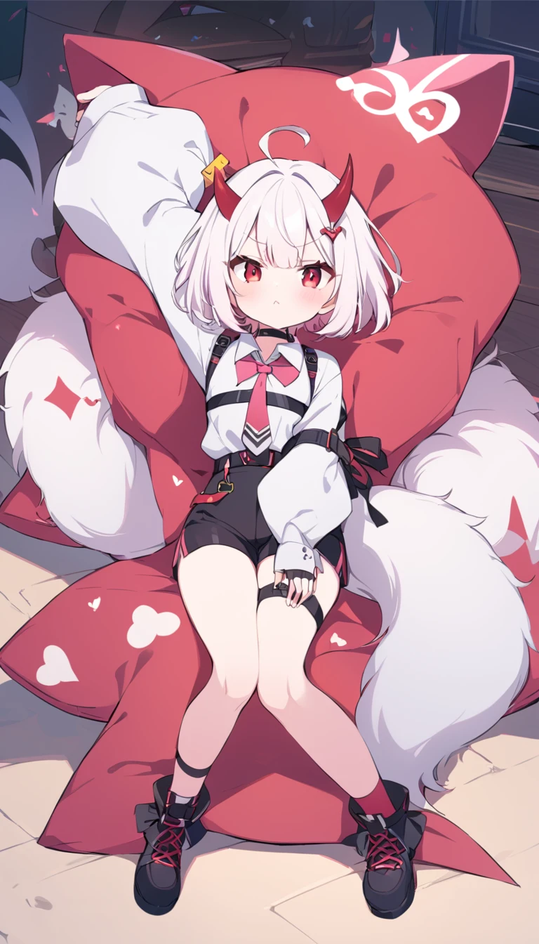 Teenage girl, devil girl, small red horns, white hair, short fluffy hair, big red eyes, pale skin, blushing cheeks,red cheeks, brown eyes, hair ornament, white shirt, long sleeves, pink tie, black choker, harness, name tag, multiple belts, high waist shorts, black shorts, thigh strap, fingerless glove, simple glove, full body, alone